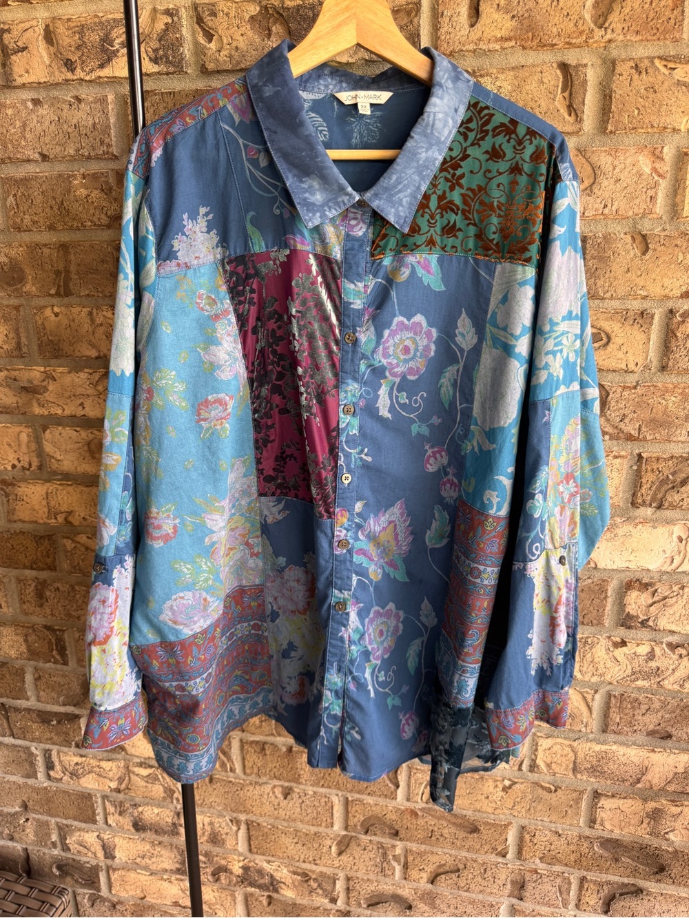 John Mark 2X Patchwork Floral Velvet Burnout Button Front Boho Artsy Shirt Top